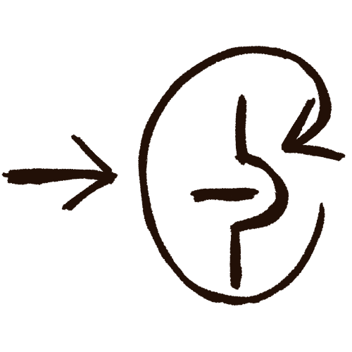 A dark reddish-brown arrow pointing towards a symbol of a dark reddish-brown horizontal line being inserted into a divot in a vertical line of the same color, which is surrounded by a circular arrow of the same color which is points at the symbol.